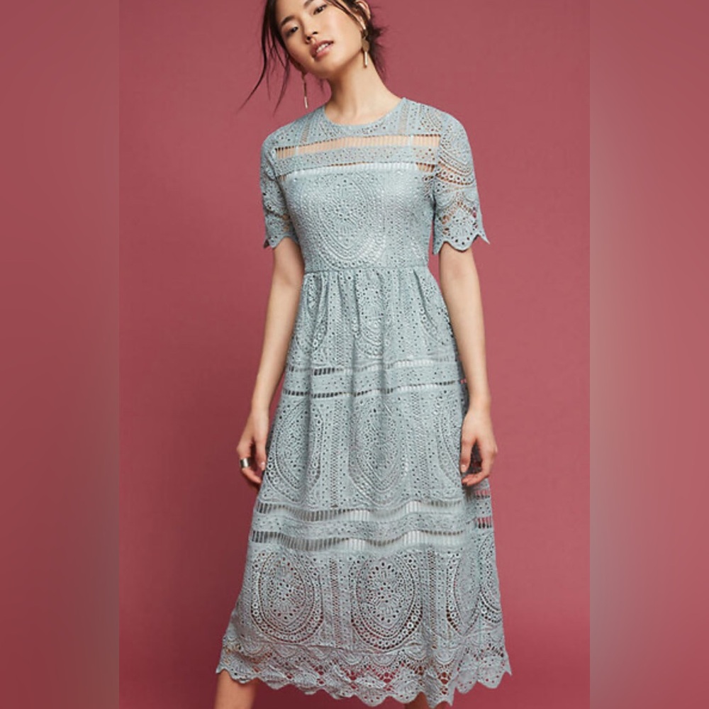 Stevie Hender Modest Midi Dress Lace Crochet Short Sleeve Light Blue L
